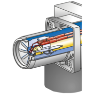 Chambre de mélange à 2 allures via deux gicleurs fioul      Le système à deux gicleurs permet une flexibilité en termes de répartition de la charge